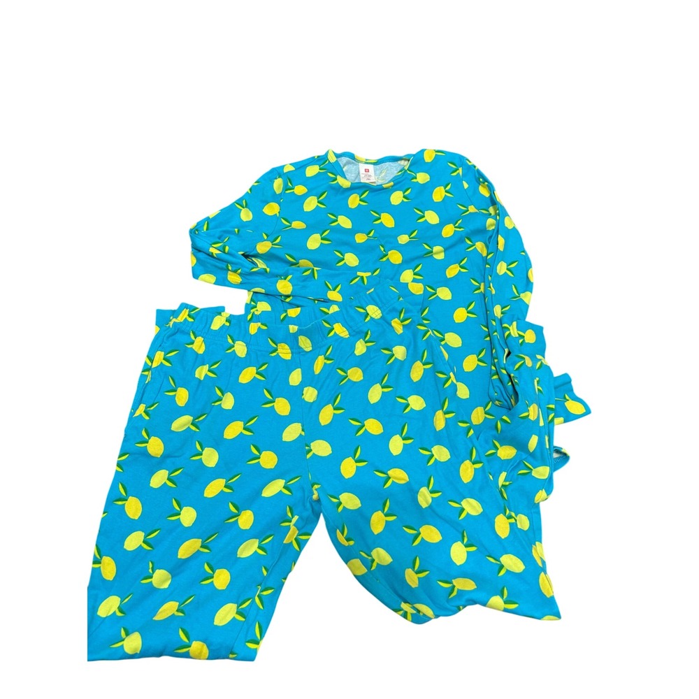 XS‎ Womens Pajama Set Long Sleeve Top & Pants Blue Lemon Print Lounge Sleepwear